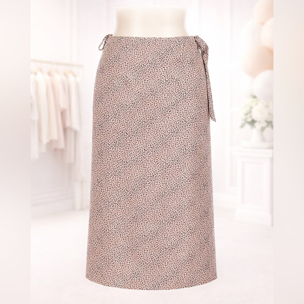 Leopard Print Wrap Midi Skirt Beige Animal Print Tie Waist Boho Chic Size M